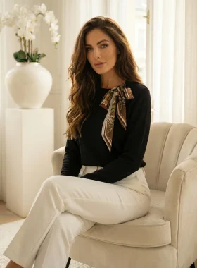Bluza neagra eleganta dama cu esarfa florala satinata