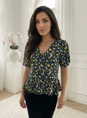Bluză peplum cu decolteu în v și imprimeu floral