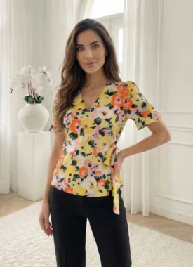 Bluza petrecuta cu imprimeu floral si cordon lateral