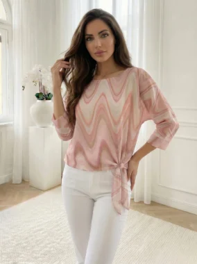 Bluza roz cu imprimeu abstract si nod lateral