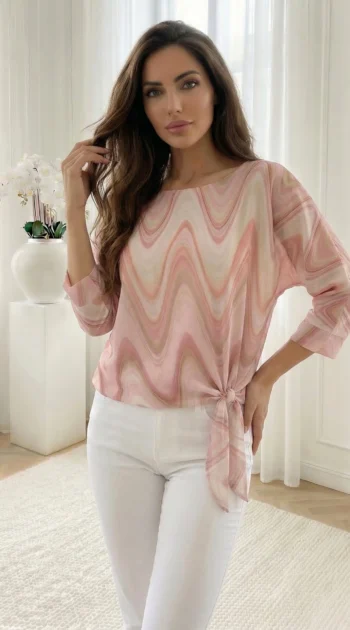 bluza-roz-cu-imprimeu-abstract-si-nod-lateral