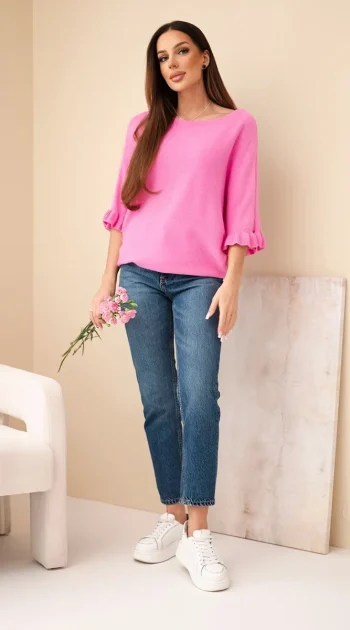 bluza-roz-cu-maneci-tip-volan-si-decolteu-rotund