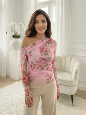 Bluza roz din tul cu imprimeu floral si umar gol