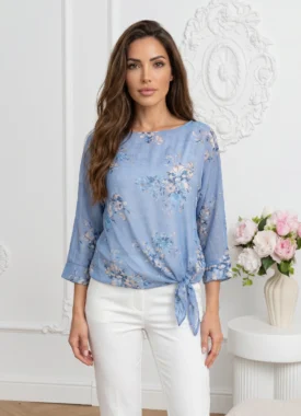 Bluza vaporoasa albastra cu imprimeu floral si nod in talie