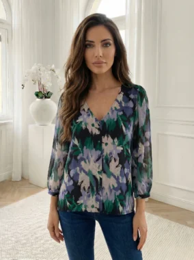 Bluza vaporoasa cu imprimeu abstract in nuante de verde si mov