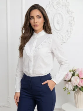 Camasa alba cu broderie perforata si volan decorativ