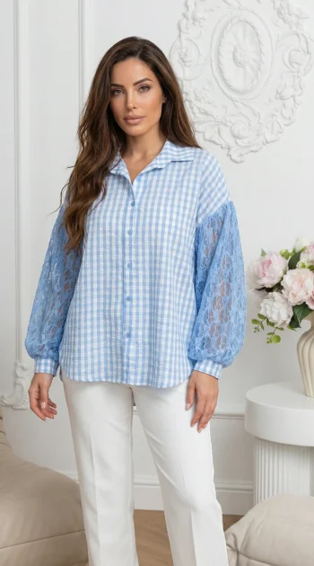 camasa-bleu-cu-carouri-si-maneci-din-dantela