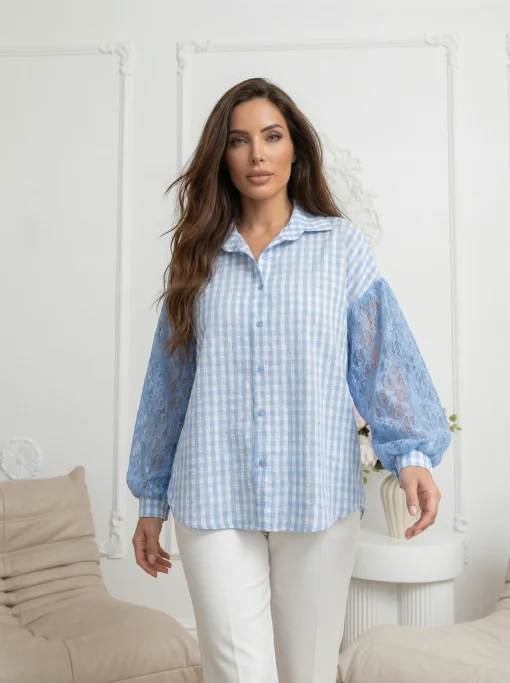 camasa-bleu-cu-carouri-si-maneci-din-dantela