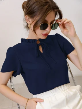 Camasa bleumarin eleganta cu volane si funda decorativa Megaira Navy