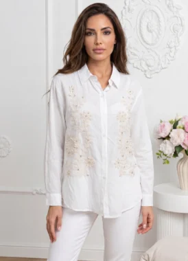Camasa dama alba broderie delicata bej, margele si maneci lungi