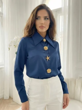 Camasa dama eleganta bleumarin cu brose detasabile si inchidere cu nasturi