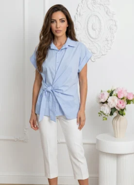 Camasa din bumbac cu nod frontal si maneci scurte cu manseta