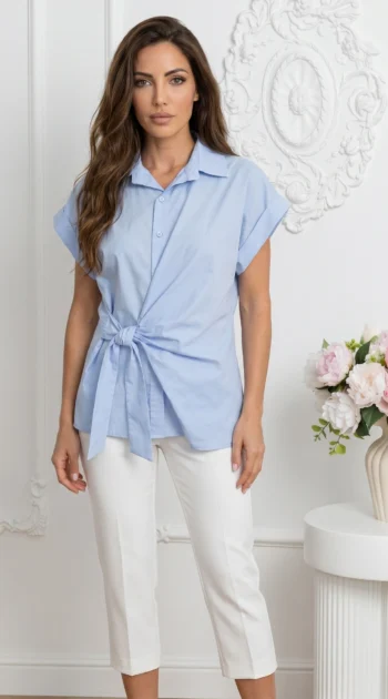 camasa-din-bumbac-cu-nod-frontal-si-maneci-scurte-cu-manseta