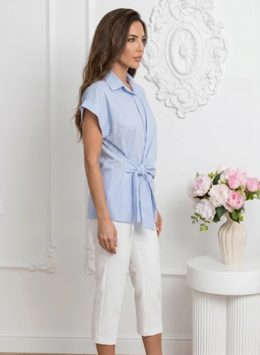 camasa-din-bumbac-cu-nod-frontal-si-maneci-scurte-cu-manseta