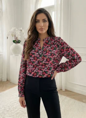 Camasa din vascoza cu imprimeu floral rosu si roz