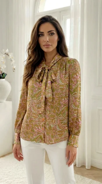 camasa-din-vascoza-cu-imprimeu-verde-masliniu-si-funda-la-guler