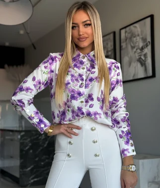 Camasa eleganta alba cu imprimeu floral violet si nasturi aurii
