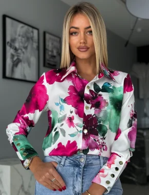 Camasa eleganta cu imprimeu floral fucsia si verde