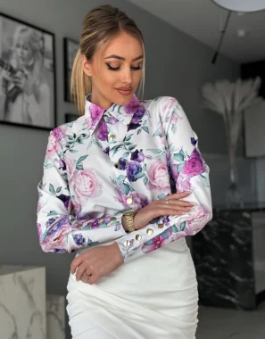 Camasa eleganta cu imprimeu floral roz-mov