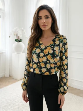 Camasa elegantă cu imprimeu floral și decolteu în v