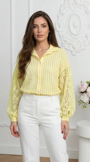 camasa-galbena-cu-carouri-si-maneci-din-dantela