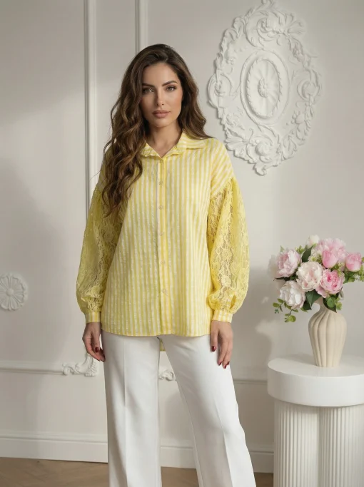 camasa-galbena-cu-carouri-si-maneci-din-dantela