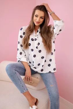 Camasa lejera alba din bumbac cu model floral