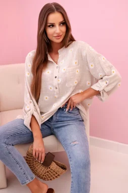 Camasa lejera bej din bumbac cu model floral