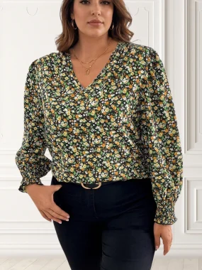 Camasa marime mare neagra cu imprimeu floral si decolteu
