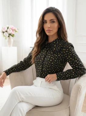 Camasa neagra cu imprimeu floral galben si guler Peter Pan