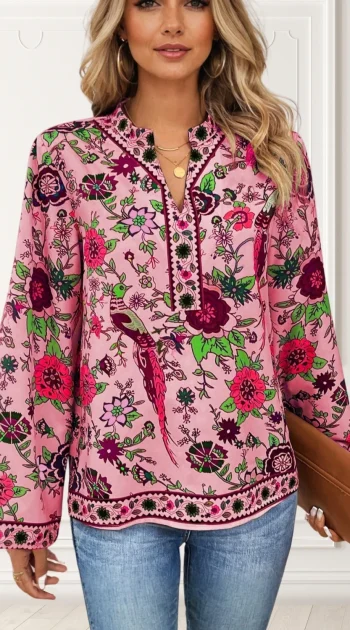 camasa-roz-cu-imprimeu-floral-si-maneci-bufante