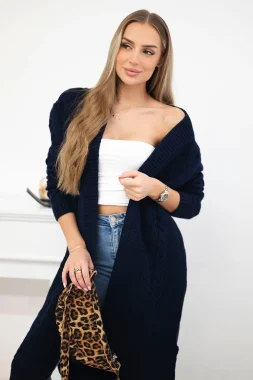 Cardigan bleumarin lung tricotat cu model impletit