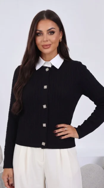 cardigan-din-tricot-cu-guler-alb-si-nasturi-stralucitori