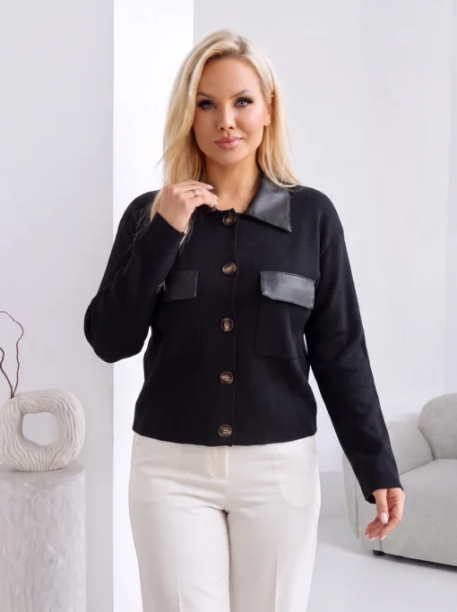 cardigan-din-tricot-cu-guler-si-buzunare-din-piele-ecologica