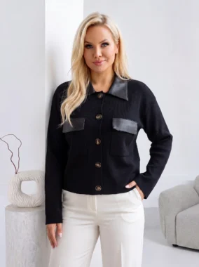 Cardigan din tricot cu guler si buzunare din piele ecologica