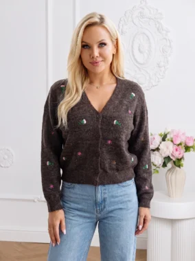 Cardigan din tricot fin cu decolteu in V si floricele brodate
