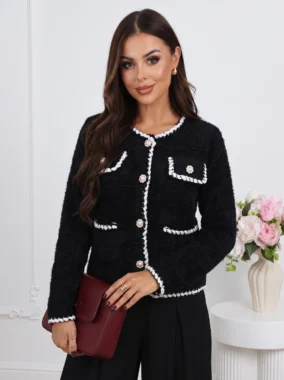 Cardigan din tricot pufos cu nasturi perlati