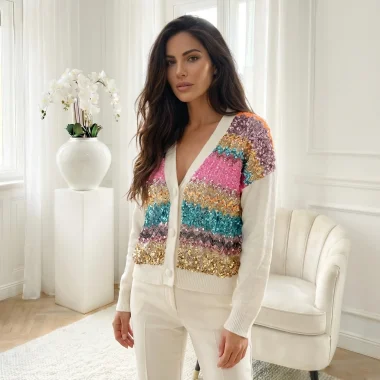 Cardigan elegant alb cu aplicatii din paiete multicolore