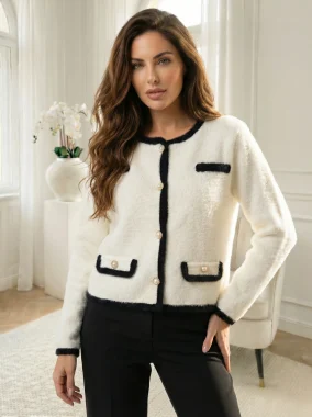 Cardigan elegant alb cu detalii negre si nasturi decorativi