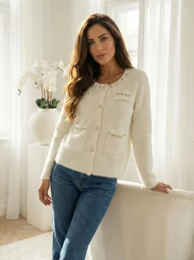 Cardigan elegant alb cu nasturi si aplicatii perle
