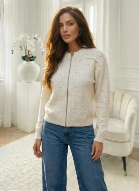 Cardigan elegant crem cu fermoar si aplicatii perle