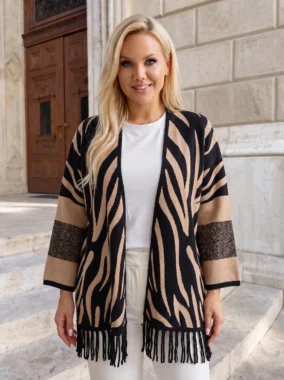 Cardigan elegant din tricot cu imprimeu zebra si franjuri
