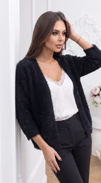 cardigan-elegant-din-tricot-pufos-cu-maneci-trei-sferturi