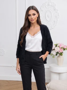 Cardigan elegant din tricot pufos cu maneci trei sferturi
