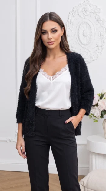 cardigan-elegant-din-tricot-pufos-cu-maneci-trei-sferturi