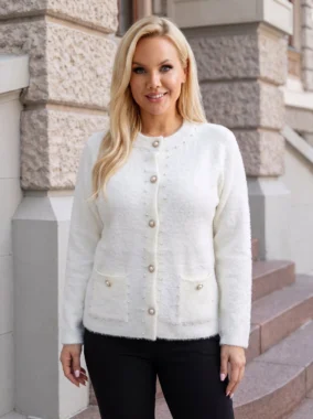 Cardigan elegant din tricot pufos cu perle aplicate