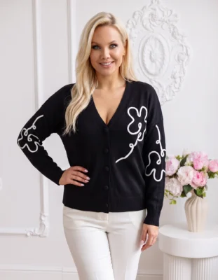 Cardigan elegant din tricot cu broderie florala reliefata contrastanta