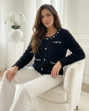 Cardigan elegant negru cu nasturi si aplicatii perle