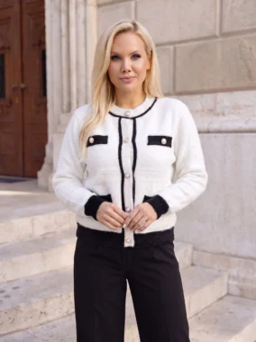 Cardigan elegant pufos cu nasturi bijuterie tip perla