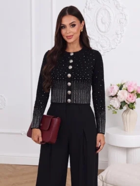 Cardigan elegant scurt cu strasuri stralucitoare